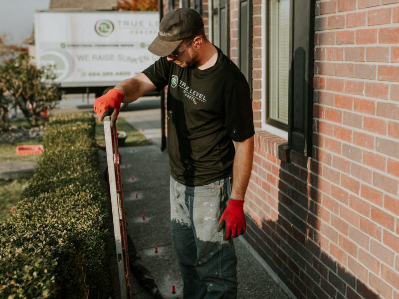 True Level employee holding a ladder