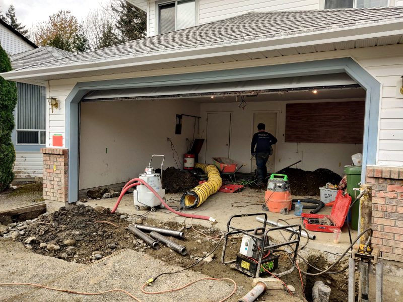 Garage and dug up concrete pad - Chilliwack Sunken Foundation - True Level Concrete