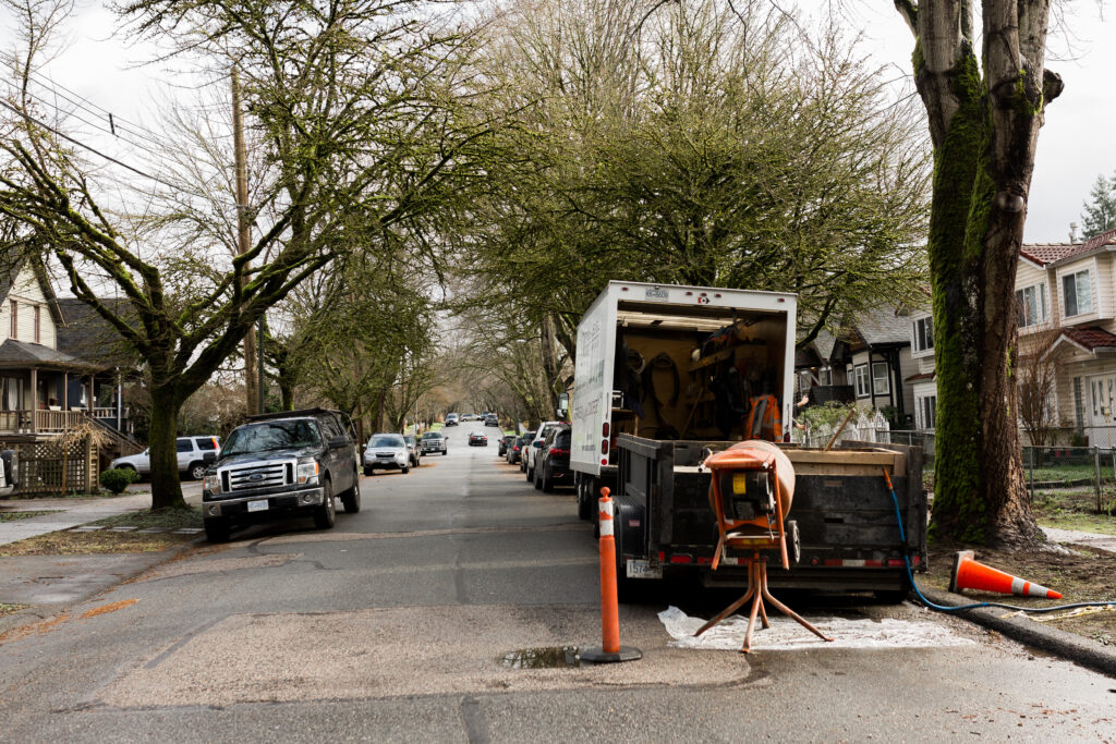 concrete repair work truck on suburban street