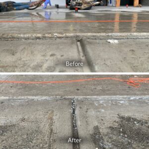 Before and after image of a concrete slab lift and levelling up to 1 inch
