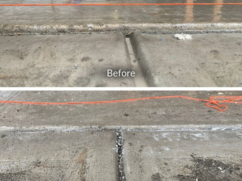 Before and after image of a concrete slab lift and levelling up to 1 inch