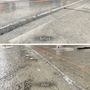 Before and after image of a concrete slab lift and levelling up to 1 inch