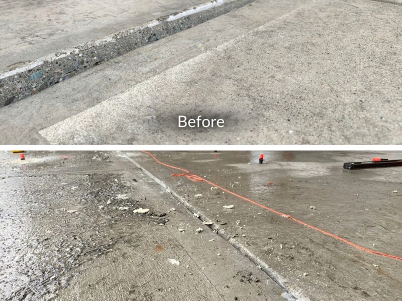 Before and after image of a concrete slab lift and levelling up to 1 inch