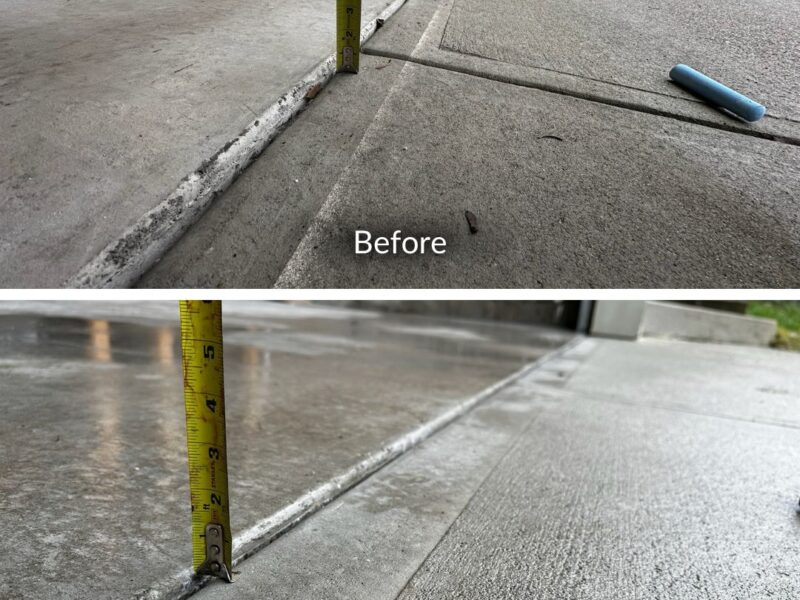 Before and after image of a concrete slab lift and levelling up to 1 inch