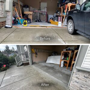 Before and after image of a garage and driveway concrete lifting and levelling repair