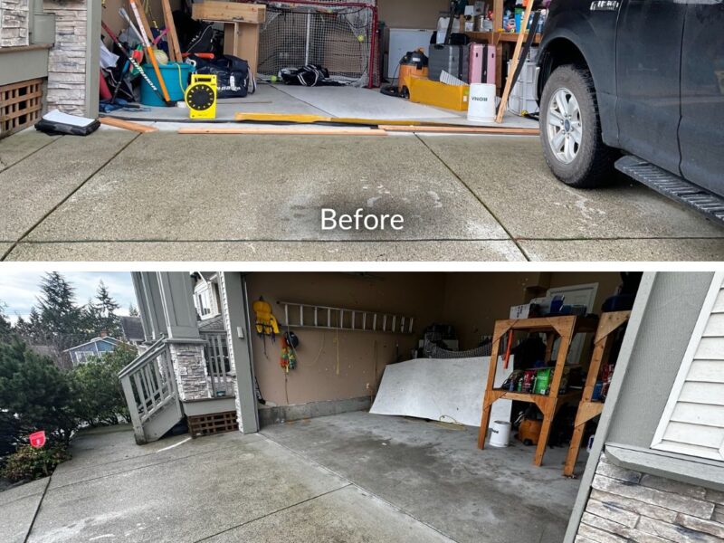 Before and after image of a garage and driveway concrete lifting and levelling repair