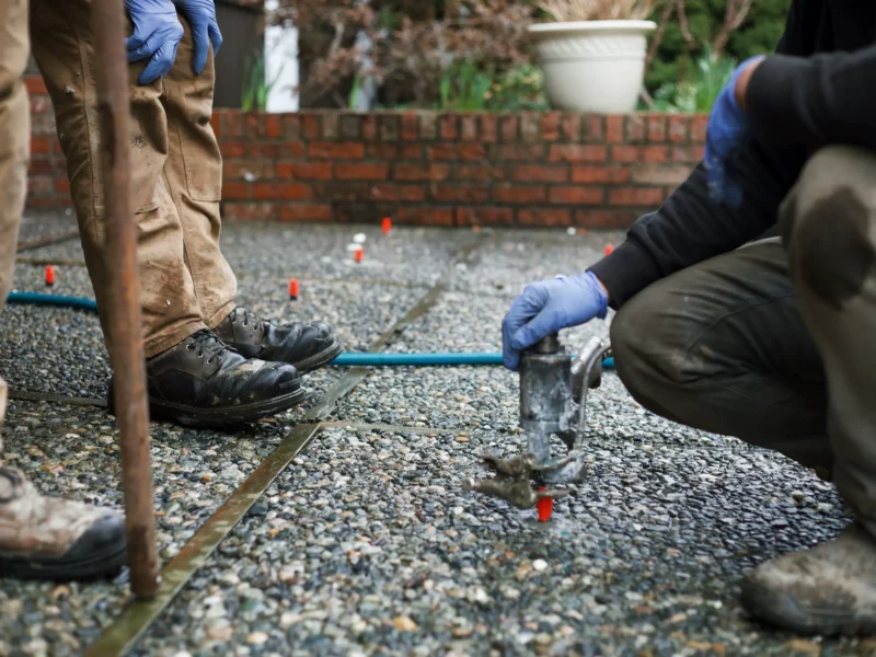 Installer injecting polylevel into the concrete in front of apartment building