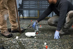 Installer injecting polylevel into the concrete in front of apartment building