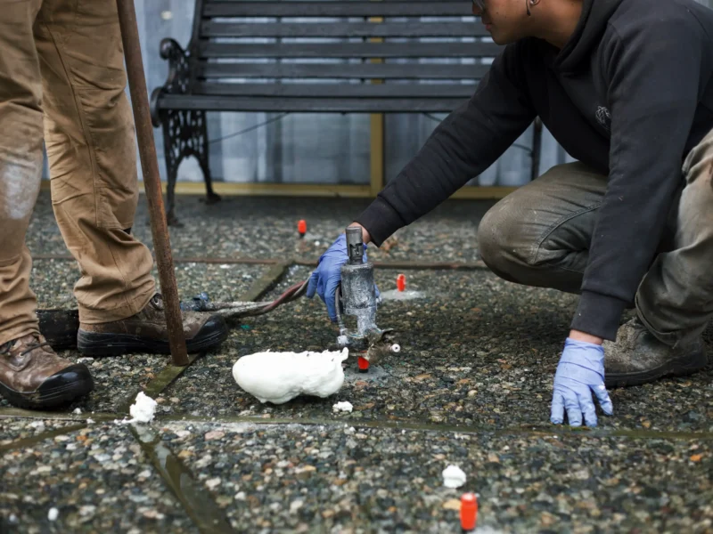 Installer injecting polylevel into the concrete in front of apartment building