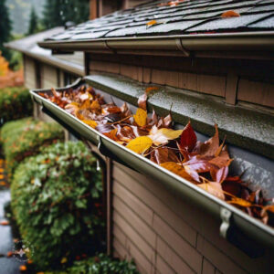 rain gutter with fall leaves on an average pacific north west house