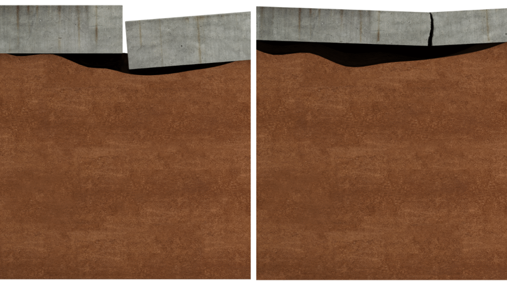 Concrete slab and soil before concrete lifting showing settlement issues