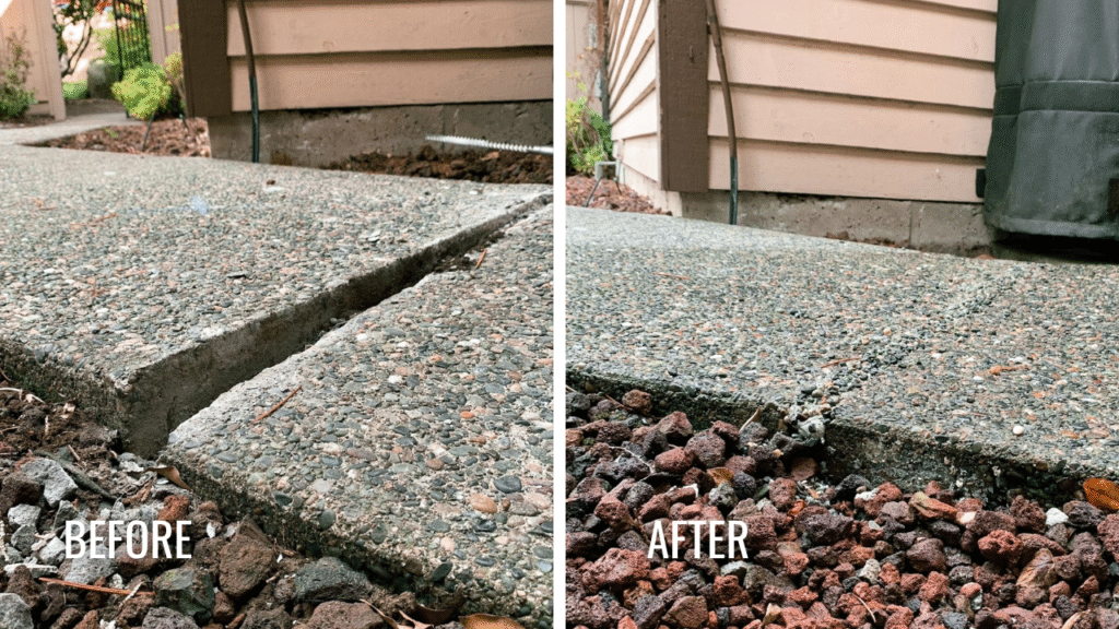 Before and after photos of sunken concrete lifted using polyurethane foam